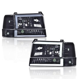 LED Headlights Assembly Front Headlamps, Compatible with Ford F150 Bronco 1992-1996, Fit Ford F250 F350 1992-1997, w/Corner Signal Bumper Lamps,Smoky Lens Black Housing Clear Reflector