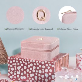 Vlando Small Travel Jewelry Box Organizer Display Case for Rings Earrings Necklaces Storage, Selected Soft Velvet, Letter Q Engraved, Pink