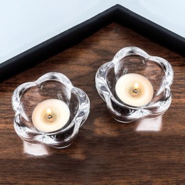 CEIERPH Crystal Flower Tea Light Candle Holders, Set of 2, Glass Candlestick Holders Tray for Bathtub, Bathroom, Livingroom