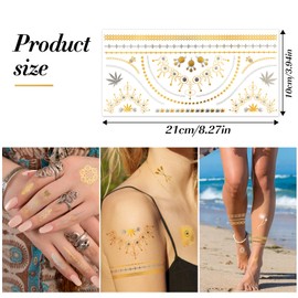 HOWAF 8 Sheets Gold Tattoos Temporary Metallic Tattoos, Gold Temporary Tattoos for Women Girls Paper Mandala Lace Glitter Tattoo Festival Tattoo Stickers Flash Fake Tattoo Waterproof Body Art