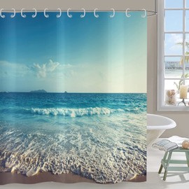 Hnmdmyi Shower Curtain Ocean Beach 180 x 200 cm, Sea Waves Blue Sky Nature Scenery Bath Curtain Waterproof Polyester Fabric Washable Bath Curtain for Bathroom with Hooks