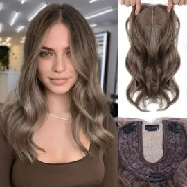 Large Base Toppers Hair Pieces for Women Full Volume Middle Part Clip in Bangs Synthetic Wavy Hair Topper for Daily Wearcolor: 10H19, stretched length: 14inches, toupee size: 6x6