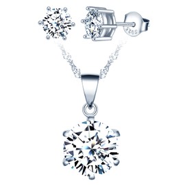 Yumilok Women's Jewellery Set Stud Earrings Necklace Earrings Chain Set Jewellery Set 925 Sterling Silver Six Claw Zirconia Pendant for Women, Sterling Silver Sterling Silver Zirconia, Cubic Zirconia