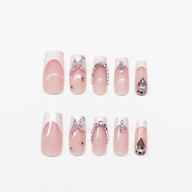 Whhite Long Press on Nails Square False Nails French Fake Tip Nails 3D Butterfly Stick on Nails Rhinestones Glue on Nails Glossy Cute Artificial Nails for Wmoen 24PCS