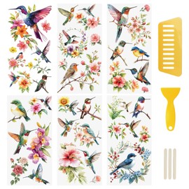 WANDIC 6 Sheets Hummingbird Flowers Rub On Transfer Stickers Furniture Decals Waterproof Stickers for DIY Crafts Present Bouquet Decoration, 15 * 30cm