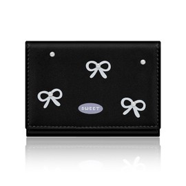 Denovin Small Wallets Woman, Cute Tri-fold Coquette Wallet for Women with Bow Design, Compact Credit Card Holder Purse with ID Window for Coin Cash Change (Black)