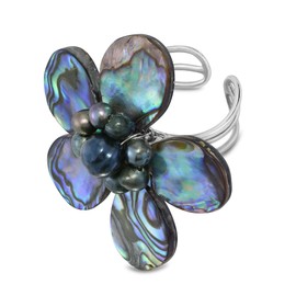 AeraVida Flower Statement Rainbow Abalone Shell and Cultured Freshwater Pearls Adjustable Ring | Elegant Floral-Inspired Sterling Silver Jewelry for Women