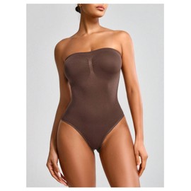 WDIRARA Women's Strapless Shapewear Bodysuit Tummy Control Body Shaper Seamless Bodysuit Brown Large