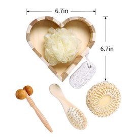 JWDREAMWAY 5Pcs Bath Shower Set in Heart Wooden Trinket Box Hair Brush for Women,Birthday Gifts,Bath & Shower Spa Basket Gift Set for Women for Body Back Legs and Foot,Gift for Mom