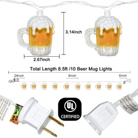 Oviejo 3D Beer Mug String Lights, Celebration St Patrick's Day Decor, 8.5 Ft Party Cup Light with 10 Beer Cups, Connectable Beer Fairy Summer Patio Lights for Bar Birthday Bedroom Summer Club