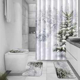 Moladika 4 Pcs Winter Christmas Shower Curtain Sets with Rugs Snowy Natural Forest Snowfall Bathroom Set Xmas Tree Home Bath Bathtub Decor Durable Curtains Mats for Bathroom Decor 72 x 72 Inch