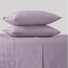 Feather & Stitch 500 TC Queen Size Damask Bed Sheet Set, 100% Cotton Soft Breathable Bedsheets, 4 Piece 18" Deep Pockets Sateen Weave Striped Bedding Mattress Resort Hotel Luxury- (Lavender, Queen)