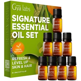 Gya Labs Signature Essential Oil Set, Essential Oils for Home - Diffusion, Self-Care, Skin, DIY - Peppermint, Lavender, Orange, Tea Tree, Vanilla, Rosemary, Lemongrass, Frankincense - 8 x 0.17oz