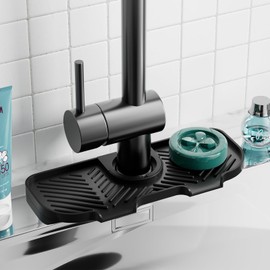 Faucet Mat for Kitchen Sink，6° Slope Sink Splash Guard，Splash Guard for Kitchen Sink，Kitchen Sink Splash Guard for Dish Soap Sponge Holder，Silicone Faucet Guard & Draining Mat-Black