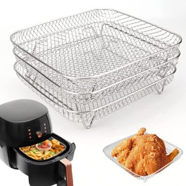 Pack of 3 Air Fryer Racks, Stainless Steel Air Fryer Basket Tray 3 Layers Stackable Dehydrator Racks for Air Fryer Oven Baking Roasting (Square)