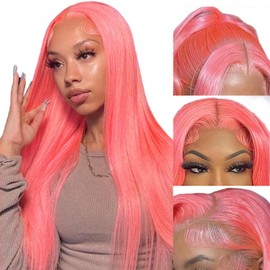 Straight Pink Lace Front Wigs Human Hair 13x4 Hd Transparent Lace Frontal Wear and Go Glueless Pink Wig Human Hair Pre Plucked with Baby Hair Straight Lace Frontal Wigs for Black Women 20 Inch