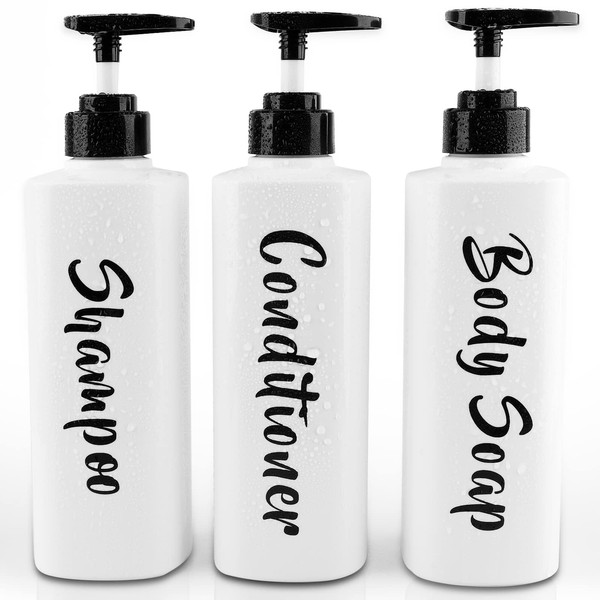 AUMIO 16.9oz Shampoo and Conditioner Dispenser Set of 3-Printed Shower Soap Dispenser Plastic Shampoo Bottles Refillable with Pump - Shampoo Conditioner Body Wash Dispenser for Bathroom Shower Wall