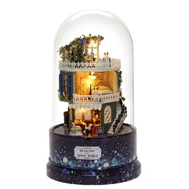 moin moin Dollhouse Miniature Handmade Kit Set, Dollhouse Tower Dome Series, Rotatable Music Box + LED Light + Domed Acrylic Cover (Coffee Shop at Starry Night)