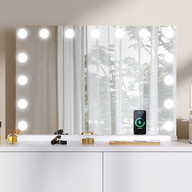 LLTZH 23" Vanity Mirror with Lights and Wireless Charger, Bluetooth Speaker, Dimmable 15 LED Blubs, Hollywood Makeup Mirror with USB Type-C Charging Port for Bedroom, Tabletop or Wall-Mounted
