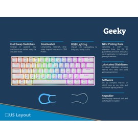 Geeky GK61 60% | Hot Swappable Mechanical Gaming Keyboard | 61 Keys Multi Color RGB LED Backlit for PC/Mac Gamer | ANSI US American Layout (White, Mechanical Speed Silver)