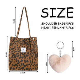 NYGGTYK 1 x corduroy shoulder bag with leopard print and 1 x heart-shaped apricot pendant, women's shoulder bag, large shopping bag, fashionable and versatile shopping bag, Leopard pattern