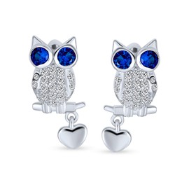 Wise Graduate Lucky Sitting Branch Owl Stud Earrings For Women Big Blue Eye Cubic Zirconia CZ Heart Charm .925 Sterling Silver