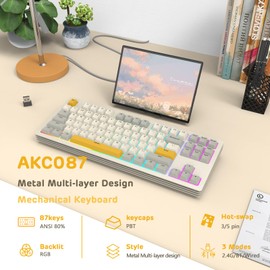 A.JAZZ AKC087 Mechanical Keyboard, Tri-Mode Connection Wireless Keyboard, Multi-Layer Metal Base, Compact 87 Keys 80% TKL Layout,Retro Tricolor,Hotswappable Rechargeable RGB Keyboard, for Win/Mac