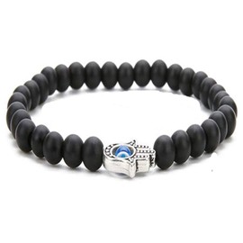 2Pcs Lucky Turkish Blue Evil Eye Hamsa Hand of Fatima Beaded Stretch Bracelet Elastic 7 Chakras Gemstone Lava Stone Bracelet for Women Men Good Luck Protection Amulet Jewelry-C 2pcs