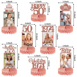 Guiruiy 8Pcs Happy 50th Birthday Decorations Honeycomb Centerpieces for Women, Pink Rose Gold Glitter Hello 50 Birthday Photo Table Centerpieces Party Supplies, Pink Fifty Bday Photo Table Topper