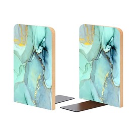 Wood Bookends Non-Slip Bookends Book Stand for Shelves Books/CD - Teal Marble Gilt