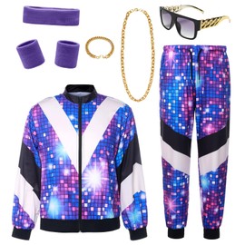 Ficlwigkis 80s 90s Outfit Men Women Disco Outfit Bad Taste Outfit Retro Tracksuit Men Women Jogging Suit with Headband Bracelets Necklaces Bracelet Glasses for Carnival (Blue, XXL)