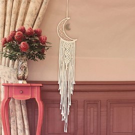 AIMALL 1 Piece 37.8" Handmade Macrame Moon Dream Catcher, Wall Hanging Tapestry for Bedroom, Wedding, and Home Decor, Boho Cotton Rope Dreamcatcher, Beige