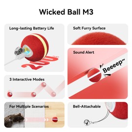 Cheerble 【2025 Upgrade】 Interactive Cat Ball Toy, Wicked Ball M3, Automatic Moving Ball Toy for Indoor Cat Kitten, Smart Anti-Depression Pet Toy Fun Gift with Light