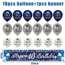 40th Birthday Decorations for Men Women,Navy Blue Silver Happy 40 Birthday Balloons Banners,40 Years Old Birthday Party,Extra Long Birthday banner (250cm*45cm),Happy 40th Birthday Decorations
