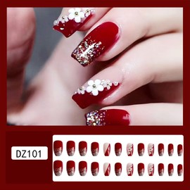 Red Press on Nails Short Coffin Fake Nails With White 3D Flowers Pearls Designs Glitter French Tip False Nails Full Cover Stick on Nails Acrylic Artificial Nails for Women Glue on Nails 24 Pcs
