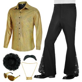 BONGZUO 6 Pcs Outfit Men 70s Disco Costumes Include Retro Shirt with Bell Bottom Pants(Z3736YE,M)