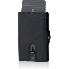 Lederhand® Aventus Wallet – Leder Geldbörse handgemacht für Herren und Damen Portemonnaie Aluminium Kartenhalter mit Münzfach und Platz für 9 Karten mit RFID NFC Schutz Farbe|(Schwarz)