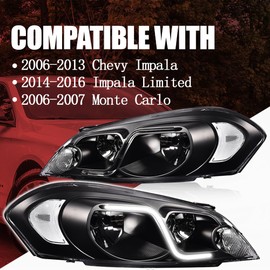 PIT66 LED DRL Headlight, Compatible with 2006-2013 Chevy Impala /2014-2016 Impala Limited/2006-2007 Monte Carlo Replacement Headlamp Assembly Accessories Clear lens Black Housing Clear Reflector