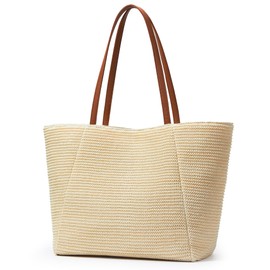 KALIDI Large Straw Bag, Beach Bag with zip, Marine Recycled Plastic, Straw Like Design, Tote Bag for Summer Holidays and Everyday Use (Beige (with brown handle))