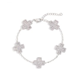 Iced Out 5A Cubic Zirconia Five-Flower Lucky Bracelet, Adjustable Chain Bracelet Dainty Four Leaf Clover Bracelets For Women Trendy, White Gold Plated Stack Bracelets (Silver- Cross, 7 Inch)