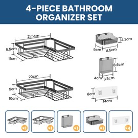 YEAPUPE PRO Set Mensole da Bagno 5 Pezzi – Ripiani Doccia Senza Forature con 2 Mensole Angolari, Porta Sapone, Portaspazzolini e Cestino – Adesivo, Nero