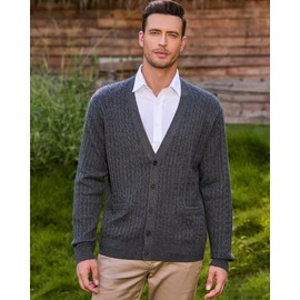 Kallspin Men's Cardigan Sweater Wool Blend V Neck Cable Knit Buttons Cardigan with Pockets(Charcoal, X-Large)