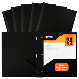 Better Office Products - Carpetas de plástico negro de 2 bolsillos con puntas, peso pesado, tamaño carta, paquete de 24, con 3 clips de metal para suj