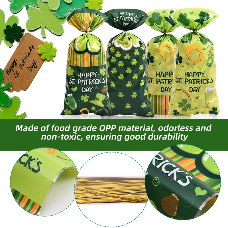 100 Pcs St. Patrick's Day Cellophane Bags, 5 x 10.5