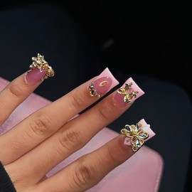 FIEONCIY Press on Nails Duck Shaped Glossy Full Cover Acrylic French False Nails with Designs Artificial Medium Duck Fake Nails with Charms Glue ons Fingernails for Women Girls(YZ01)