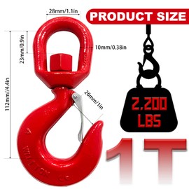 2 Tons Heavy Duty Swivel Hook with Safety Latch,360 Degree Rotating Crane Swivel Lifting Eye Hook for Crane, Swivel Chain Hooks for Lifting Chains Port Transportation, 4400 Lbs Capacity,Red