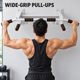 Wall Mounted Multi-Grip Pull Up and Dip Station with Adjustable Height, Padded Backrest and Arm Supports