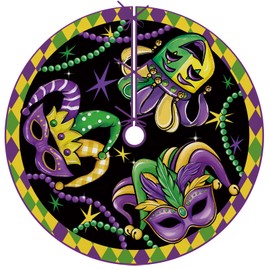 Fzbali Mardi Gras Mask Christmas Tree Skirt, 48 Inches Lace-up New Orleans Carnival Beads Tree Skirt, Masquerade Holiday Party Indoor Decoration Home Decor