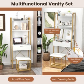 FIREFLOWERY Dressing Table with Stool, Vanity Table Set with Flip-up Mirror, 4 Storage Compartments, 2-Tier Open Shelves, Multi-Functional Makeup Desk for Small Space Bedroom (White + Gold)