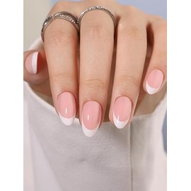 Uñas postizas acrílicas reutilizables con punta francesa en color rosa, almendra corta, cobertura total, 24 unidades (12 tamaños) para mujeres y niñas